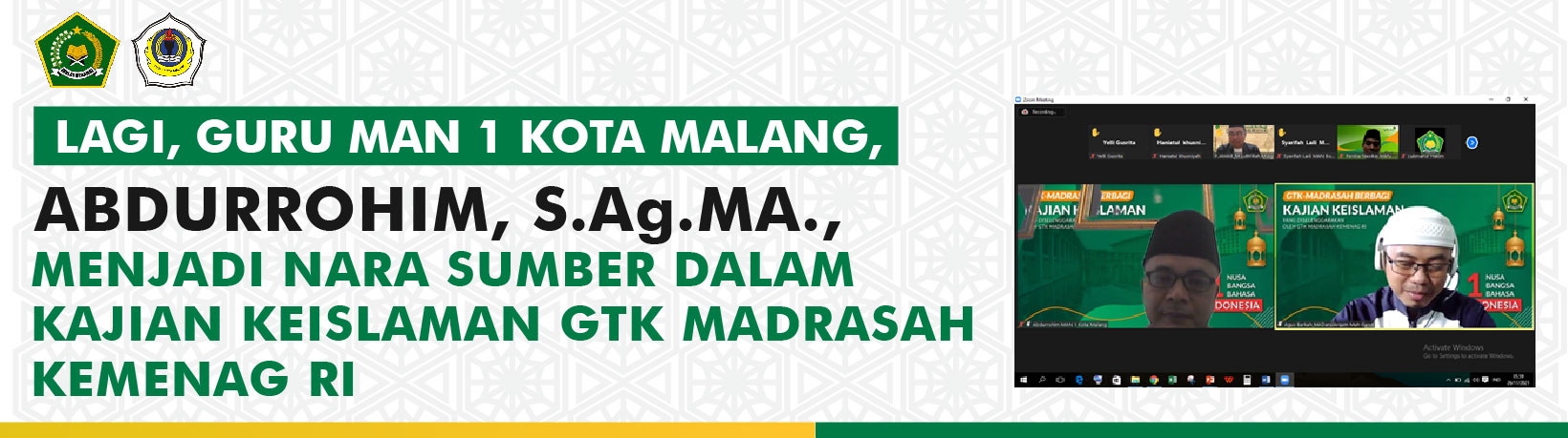 LAGI, GURU MAN 1 KOTA MALANG, ABDURROHIM, S.Ag.MA., MENJADI NARA SUMBER DALAM KAJIAN KEISLAMAN  GTK MADRASAH KEMENAG RI